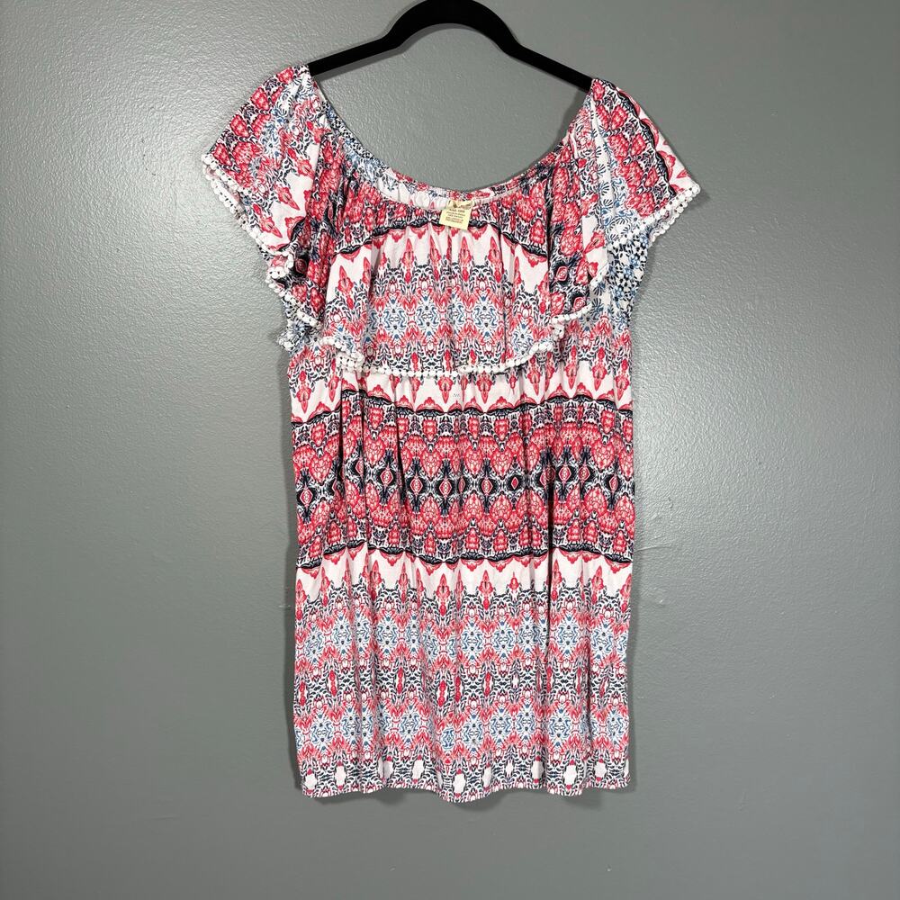 Faded Glory Red & Blue Boho Print Off The Shoulder Peasant Top - Size XXL (20)